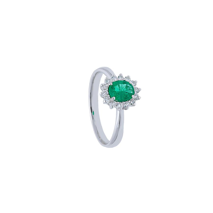 ANELLO ORO BIANCO 18 KT - SMERALDO TAGLIO OVALE 0.56 KT E DIAMANTI 0.21 KT  - SONGA LJ