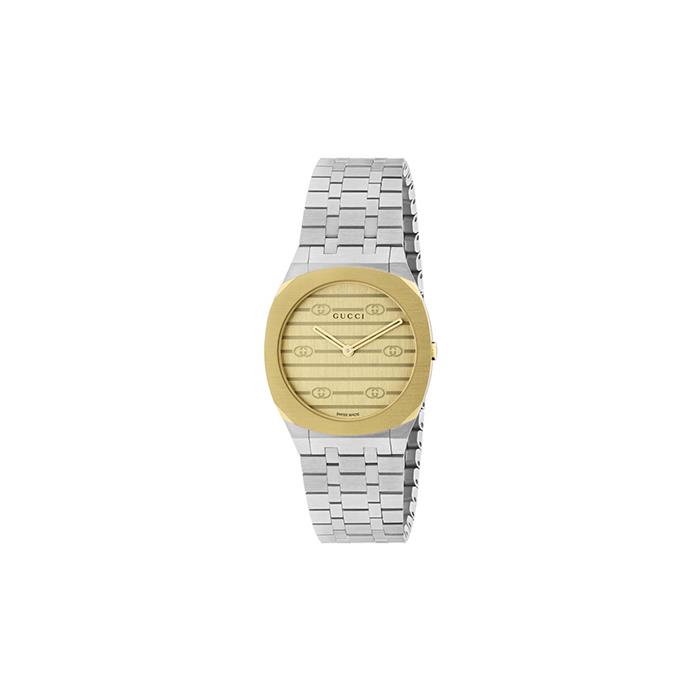 GUCCI 25H - CASSA SFACCETTATA DI 30 MM IN ACCIAIO INOSSIDABILE CON PLACCATURA IN ORO GIALLO 18 CARATI, QUADRANTE IN OTTONE COLOR ORO CON MOTIVO INCROCIO GG, CINTURINO IN ACCIAIO INOSSIDABILE A CINQUE MAGLIE - GUCCI TIMEPIECES