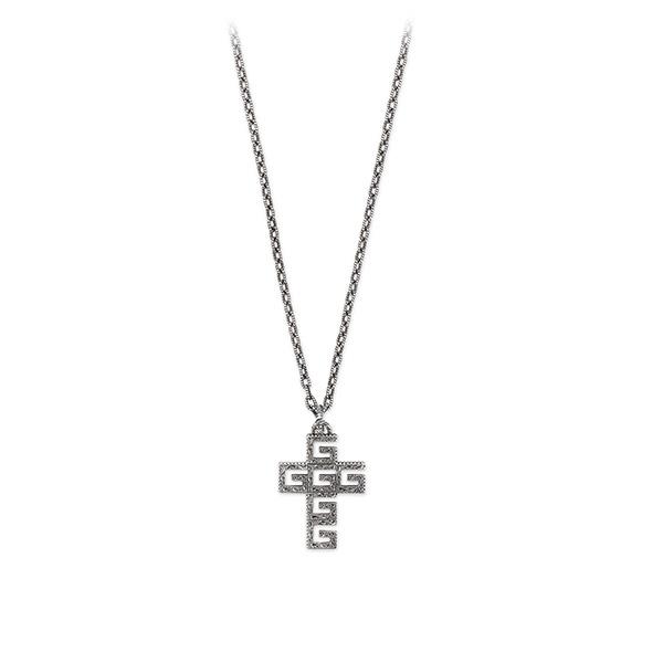 COLLANA CON MOTIVO G E PENDENTE CROCE IN ARGENTO ANTICATO - GUCCI SILVER JEWELRY