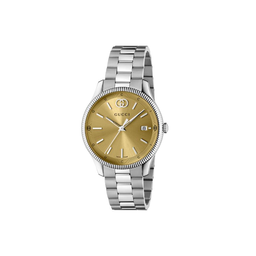 G-TIMELESS - CASSA IN ACCIAIO INOX DA 38 MM, QUADRANTE PLACCATO IN ORO CON INCROCIO GG, DATA A ORE 3 E CINTURINO IN ACCIAIO INOX - GUCCI TIMEPIECES