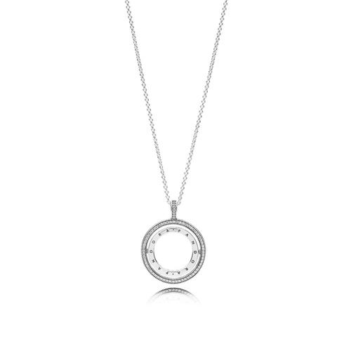 PANDORA LOGO SPINNING SILVER PENDANT WITH CLEAR CUBIC ZIRCONIA AND CHAIN - PANDORA