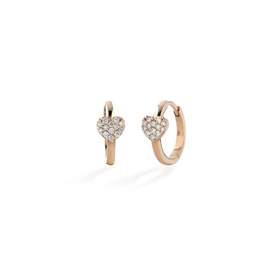 COPPIA ORECCHINI ORO ROSA 18 KT CERCHIO LUCIDO CON CUORE PAVÈ DIAMANTI - GR 2.26 - KT 0.15 - BUONOCORE