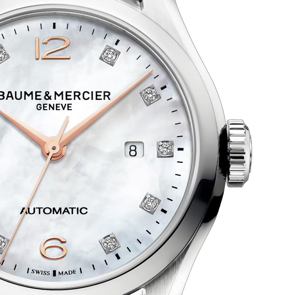 CLIFTON 30MM AUTOMATICO ACCIAIO, QUADRANTE IN MEDREPERLE ED  INDICI CON DAMANTI CT. 0,06 - BAUME & MERCIER