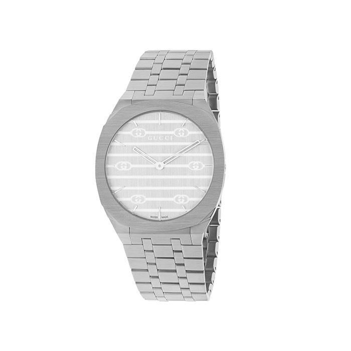 GUCCI 25H - CASSA MULTISTRATO IN ACCIAIO INOSSIDABILE DA 38 MM, QUADRANTE IN OTTONE ARGENTATO CON MOTIVO GG, BRACCIALE A CINQUE MAGLIE IN ACCIAIO INOSSIDABILE - GUCCI TIMEPIECES