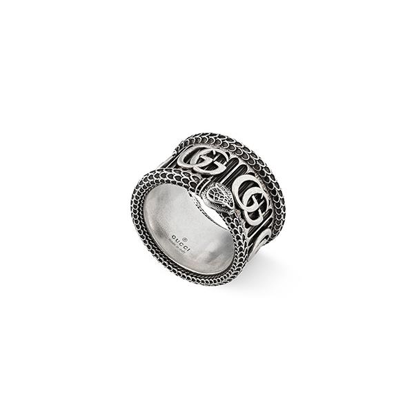 ANELLO CON DOPPIA G E MOTIVO SERPENTE IN ARGENTO ANTICATO MISURA 14 - GUCCI SILVER JEWELRY