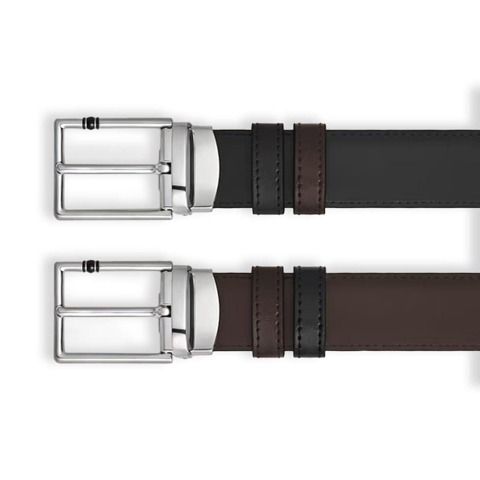 RECTANGULAR MEISTERST&Uuml;CK BUCKLE BLACK/EBONY 30MM REVERSIBLE LEATHER BELT - MONTBLANC