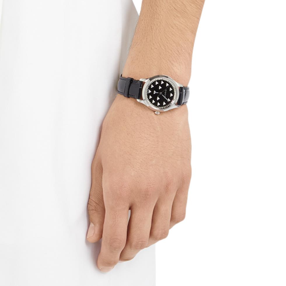 G-TIMELESS MULTIBEE - Cassa in acciaio da 32 mm, quadrante in onice nero con api, cinturino in pelle di alligatore nera - GUCCI TIMEPIECES