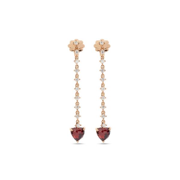 ORECCHINI ORO ROSA 18 KT PENDENTE "CUORE" CON DIAMANTI CT 0.40 E GRANATO - KT 1.63  - BUONOCORE
