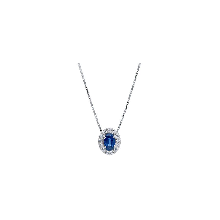 COLLANA ORO BIANCO 18 KT - ZAFFIRO TAGLIO OVALE 0.47 KT E DIAMANTI 0.09 KT - CEDRO
