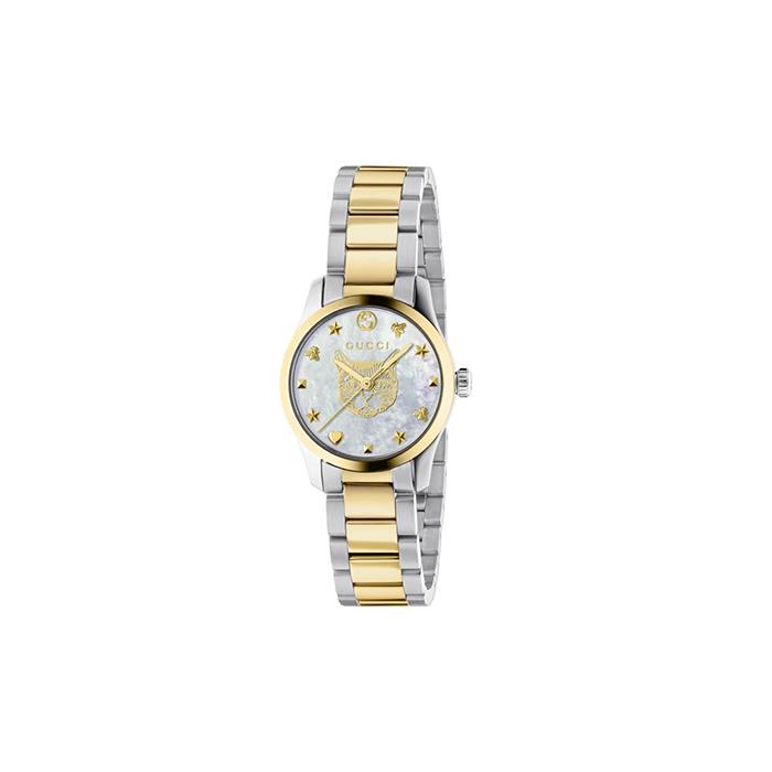 G-TIMELESS - CASSA IN ACCIAIO E PVD ORO GIALLO, QUADRANTE IN MADREPERLA CON MOTIVO MYSTIC CAT, BRACCIALE IN ACCIAIO E PVD ORO GIALLO - GUCCI TIMEPIECES