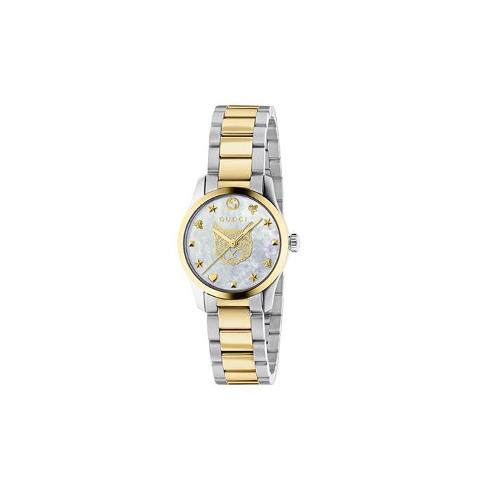 G-TIMELESS ICONIC - CASSA IN ACCIAIO E PVD ORO GIALLO, QUADRANTE IN MADREPERLA CON MOTIVO MYSTIC CAT, BRACCIALE IN ACCIAIO E PVD ORO GIALLO - GUCCI TIMEPIECES