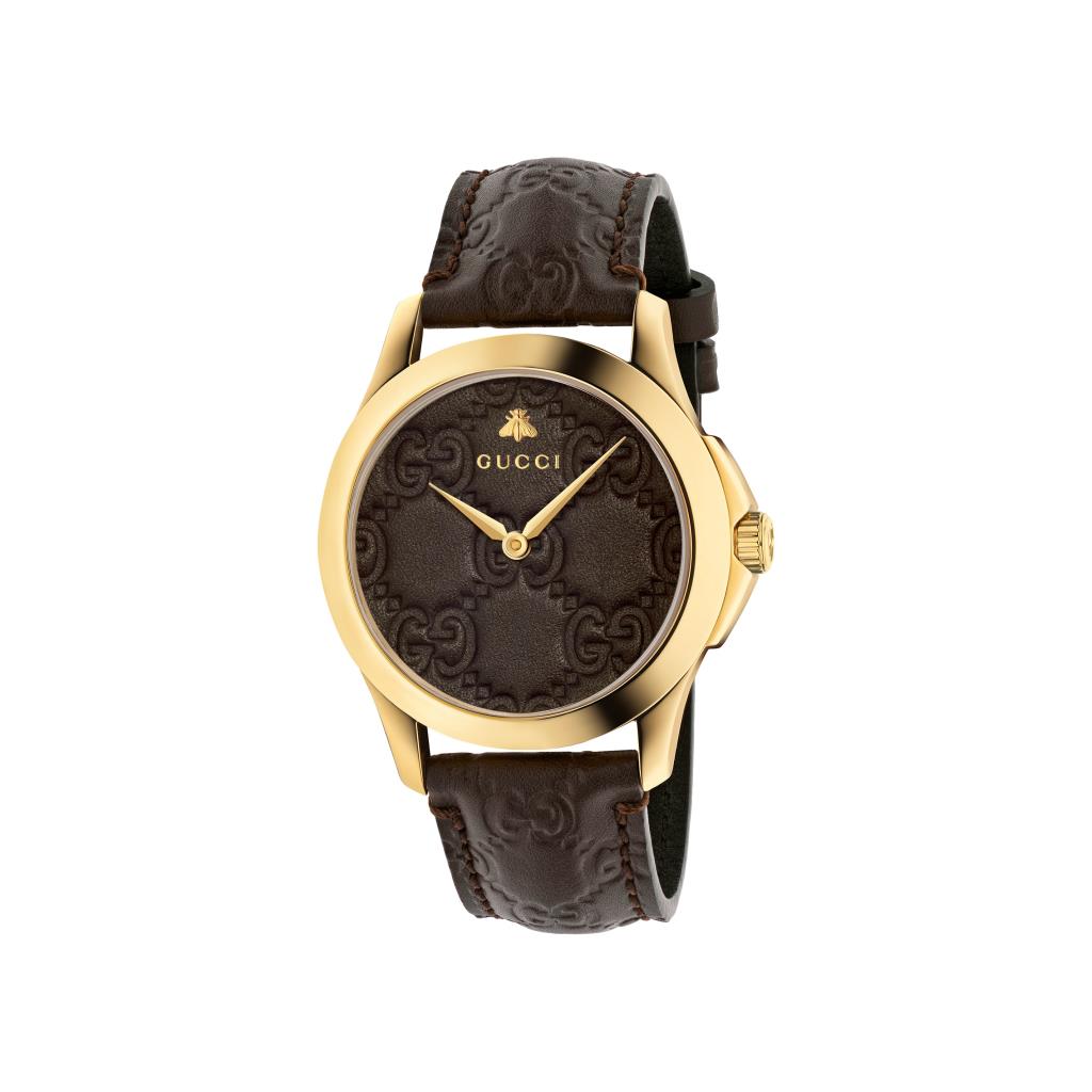 GUCCI SIGNATURE 38 MM QUARZO DORATO QUADRANTE E CINTURINO IN PELLE  MARRONE - GUCCI TIMEPIECES