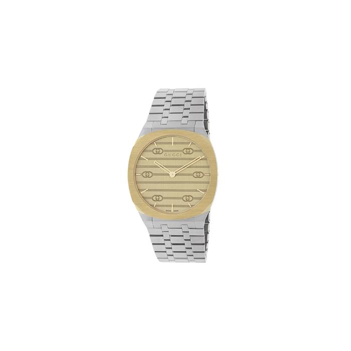 GUCCI 25H - CASSA MULTISTRATO PLACCATA IN ORO GIALLO 18KT E ACCIAIO INOSSIDABILE DA 34 MM, QUADRANTE IN OTTONE DORATO CON MOTIVO GG, BRACCIALE IN ACCIAIO INOSSIDABILE A CINQUE MAGLIE - GUCCI TIMEPIECES