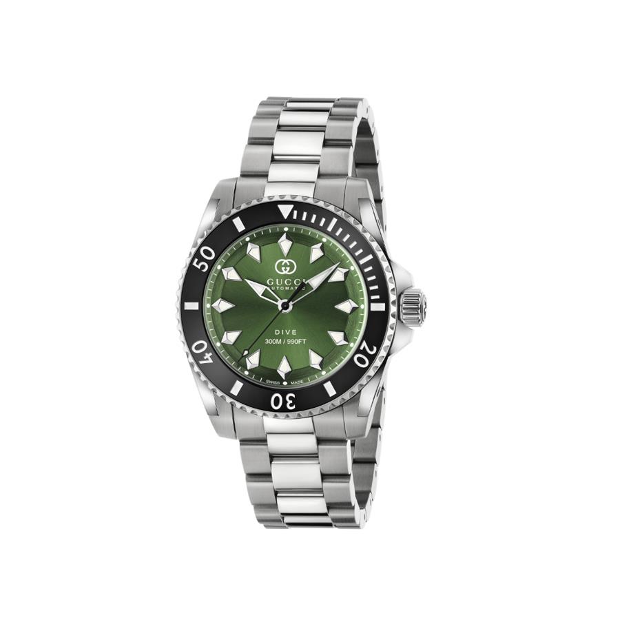 GUCCI DIVE - 40 MM STAINLESS STEEL CASE WITH BLACK CERAMIC BEZEL, GREEN DIAL, CERAMIC BEZEL, STAINLESS STEEL BRACELET, SELF-WINDING MOVEMENT - GUCCI TIMEPIECES