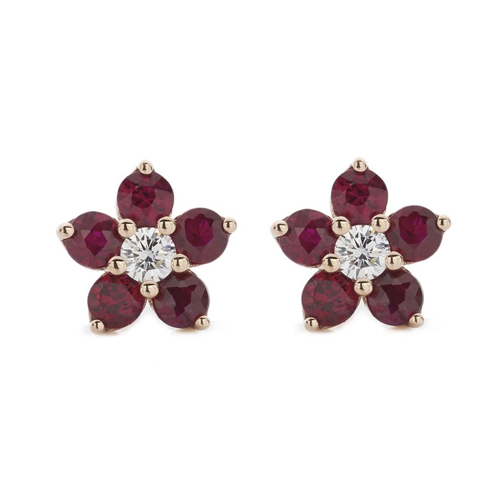 ORECCHINI ORO ROSA FIORI RUBINI E DIAMANTI - R.0.55 - D. 0.08 - BUONOCORE