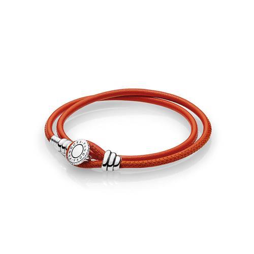 SILVER LEATHER BRACELET, DOUBLE,  SPICY ORANGE AND CLEAR CUBIC ZIRCONIA - PANDORA