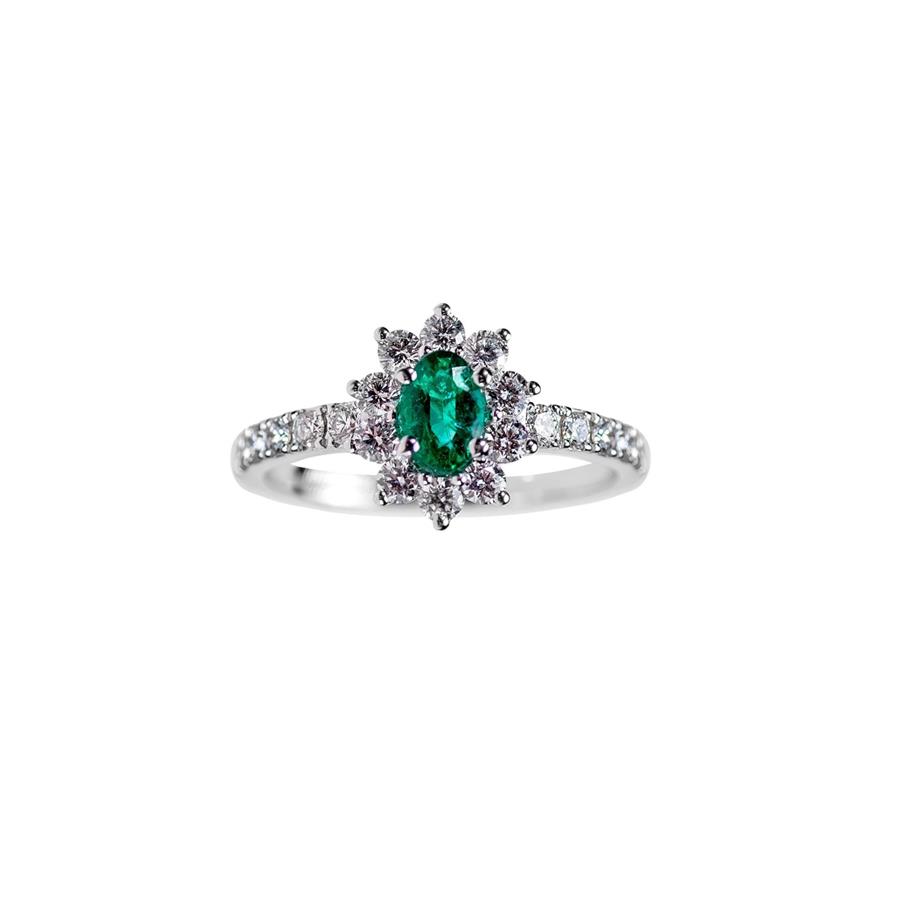 ANELLO CLASSICO IN ORO BIANCO - SMERALDO GIRO BRILL, BRILL SU GAMBO: SME 0.98 - BRIL 0.76 GVS - GR 4.80 - GIORGIO VISCONTI