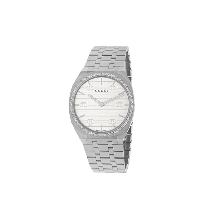 GUCCI 25H - CASSA IN ACCIAIO 34 MM, LUNETTA CON DIAMANTI KT 0.53, QUADRANTE IN OTTONE BIANCO CON GG, BRACCIALE IN ACCIAIO INOSSIDABILE A CINQUE MAGLIE - GUCCI TIMEPIECES