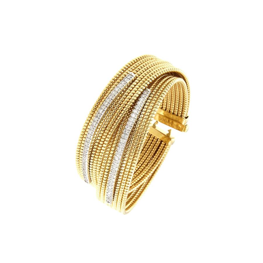 BRACCIALE 14 FILI TUBOGAS IN ORO GIALLO CON 2 BARRETTE ORO BIANCO E DIAMANTI KT 1.20 - GR 50.40 - ANTORA