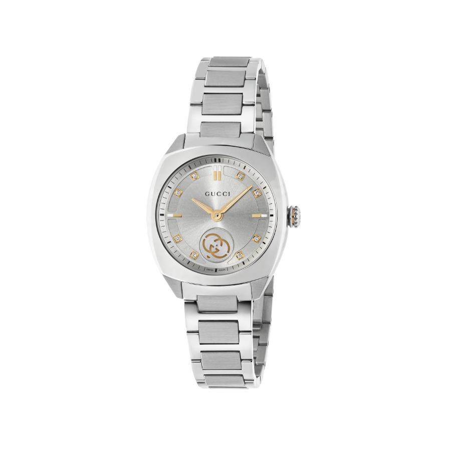 GUCCI INTERLOCKING - CASSA IN ACCIAIO INOX DA 29 MM, QUADRANTE IN ARGENTO SPAZZOLATO CON 8 DIAMANTI E DETTAGLI PLACCATI ORO ROSA, PICCOLO QUADRANTE DEI SECONDI CON INCROCIO GG, BRACCIALE IN ACCIAIO INOX - GUCCI TIMEPIECES