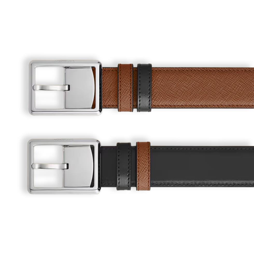 RECTANGULAR FORMAL BUCKLE FAUVE/BLACK 30MM REVERSIBLE LEATHER BELT - MONTBLANC