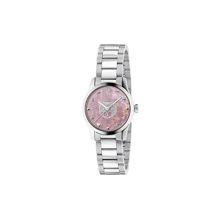 G-TIMELESS ICONIC - STEEL CASE, PINK MOTHER OF PEARL DIAL WITH FELINE HEAD MOTIF, STEEL BRACELET - GUCCI TIMEPIECES