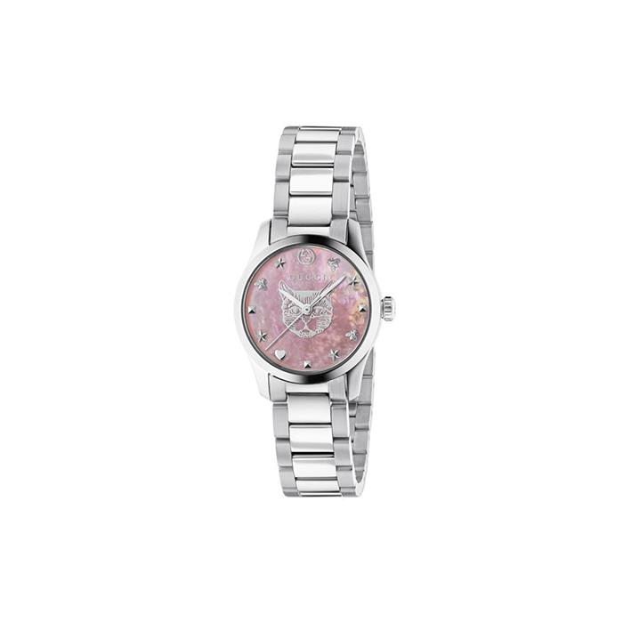 G-TIMELESS - STEEL CASE, PINK MOTHER OF PEARL DIAL WITH FELINE HEAD MOTIF, STEEL BRACELET - GUCCI TIMEPIECES