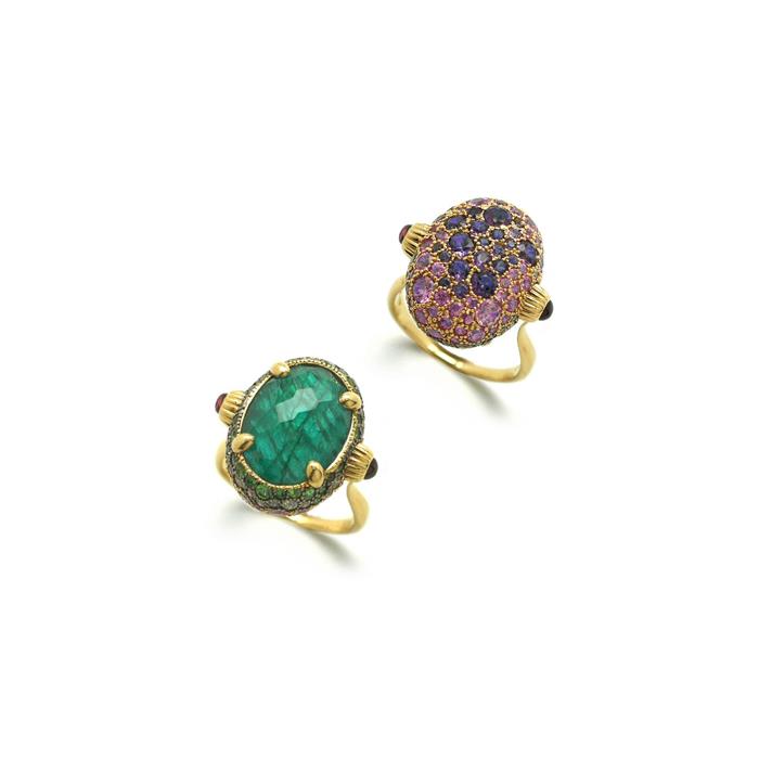 ANELLO ORO GIALLO CON AMETISTE LABRADORITE RODOLITE TSAVORITE ZAFFIRO GREENE PINK  - NANIS