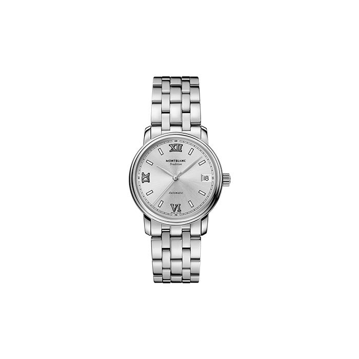 MONTBLANC TRADITION AUTOMATIC DATE 32 MM; SILVERY-WHITE DIAL WITH - MONTBLANC