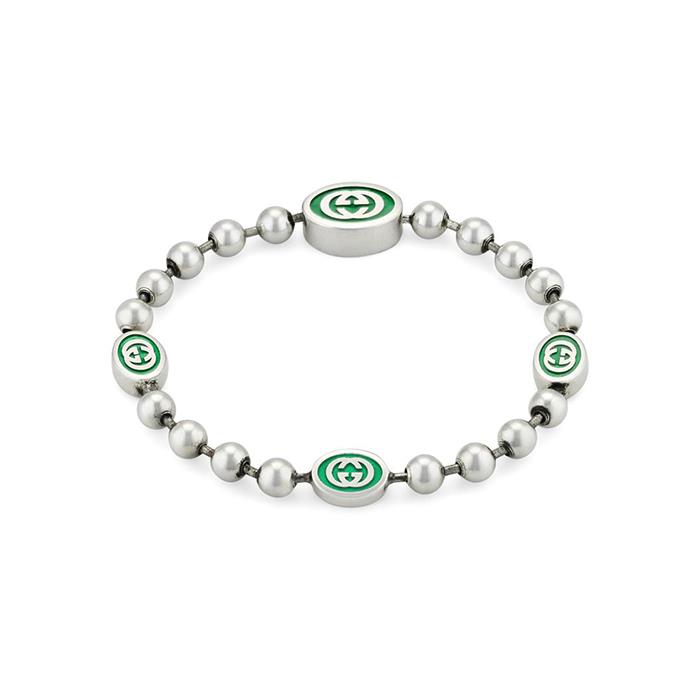 BRACCIALE BOULE CHAIN IN ARGENTO SEMI LUCIDO  E SMALTO VERDE - MIS 18 - GUCCI SILVER JEWELRY