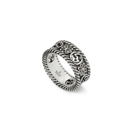 ANELLO CON MOTIVO GG E MOTIVO FIORE IN ARGENTO ANTICATO MISURA 14 - GUCCI SILVER JEWELRY