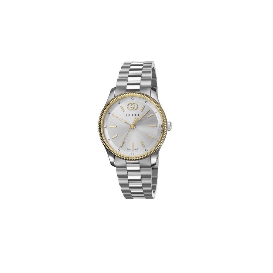 G-TIMELESS - CASSA IN ACCIAIO INOX DA 29 MM CON LUNETTA PLACCATA IN ORO, QUADRANTE ARGENTO CON DIAMANTI, DETTAGLI INCROCIO GG E SCRITTA GUCCI, BRACCIALE IN ACCIAIO INOX - GUCCI TIMEPIECES