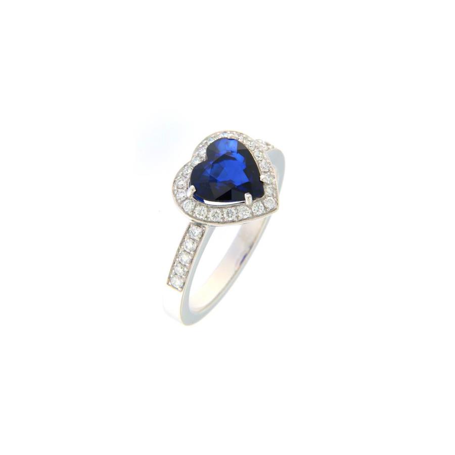 ANELLO IN ORO BIANCO 18 KT CON ZAFFIRO TAGLIO CUORE KT 1.64 - DIAMANTI 0.40 - ROTA & ROTA