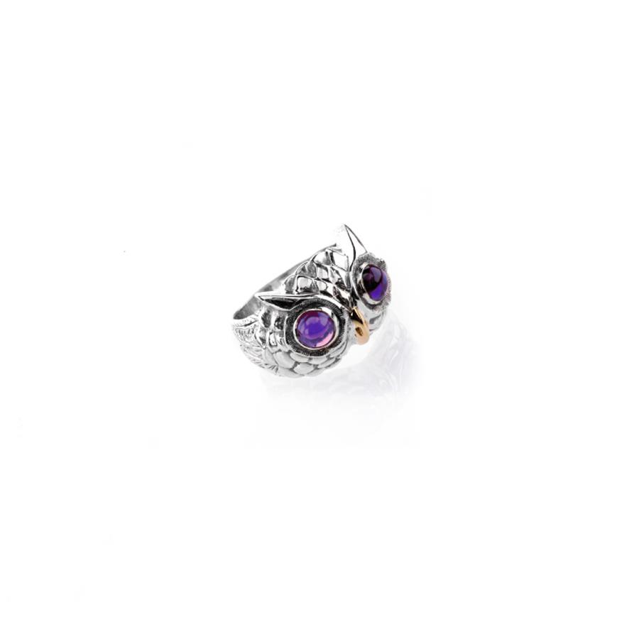 ANELLO CIVETTA IN ARGENTO ED ORO 9KT CON AMETISTE - DE NOBILI