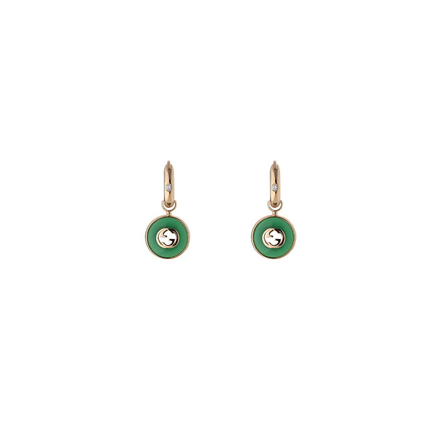 GUCCI INTERLOCKING - ORECCHINI CERCHI IN ORO ROSA CON CIONDOLO IN AGATA VERDE E DIAMANTI - GUCCI FINE JEWELRY