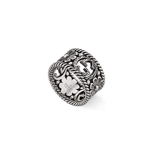 ANELLO CON MOTIVO GG E MOTIVO FIORE IN ARGENTO ANTICATO MISURA 14 - GUCCI SILVER JEWELRY