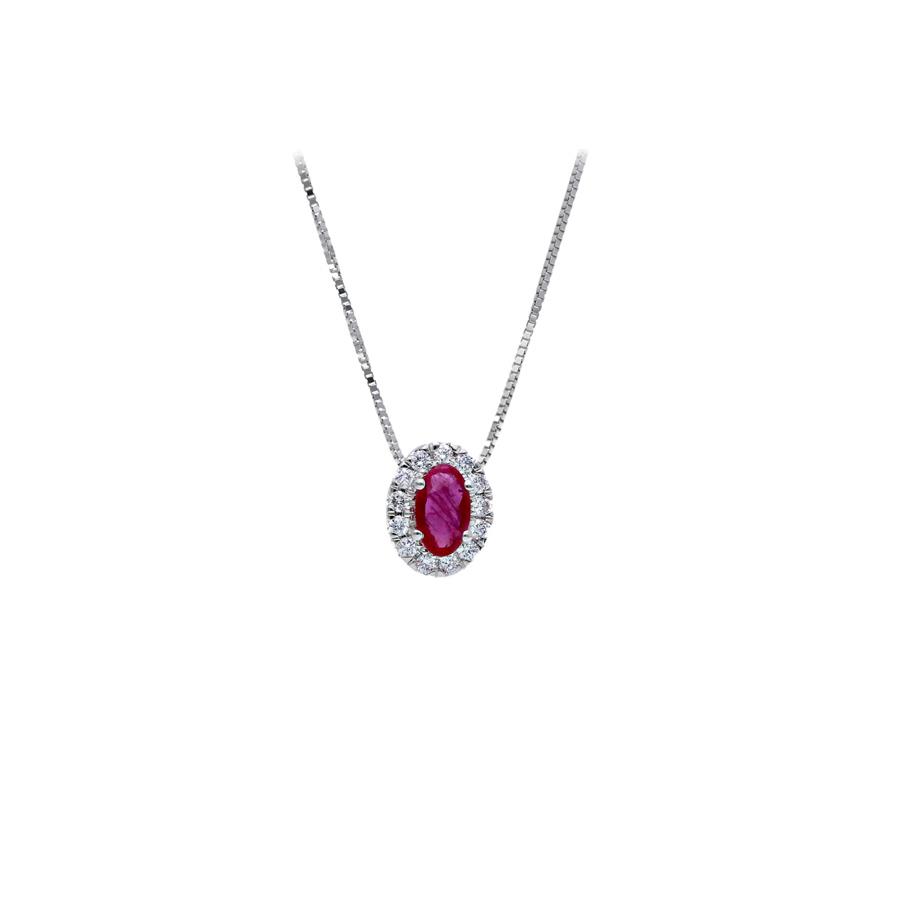COLLANA ORO BIANCO 18 KT - RUBINO TAGLIO OVALE KT 0.32 - DIAM 0.09 GVS - CEDRO