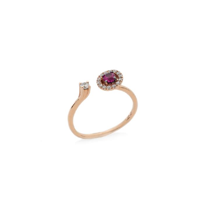 ANELLO ORO ROSA 18KT "GAMBO APERTO" E DIA BIANCHI E CENTR. RUBINI  - BUONOCORE