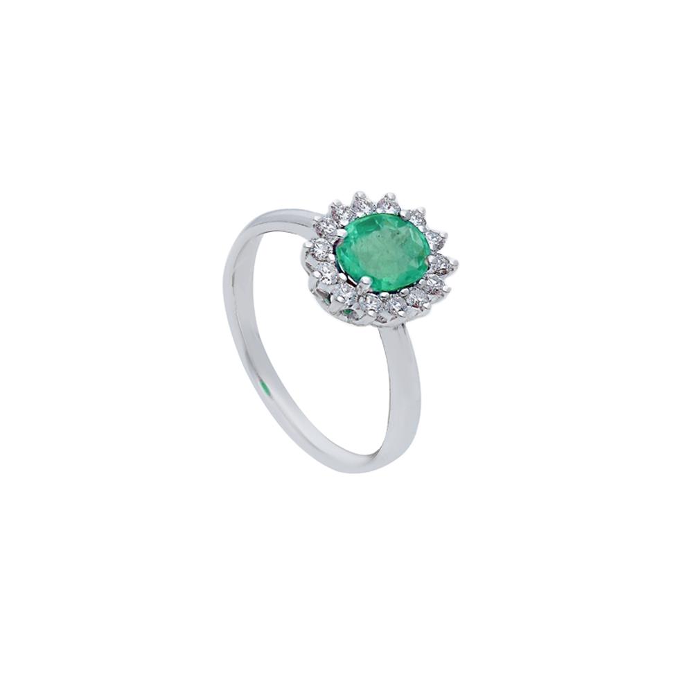 ANELLO CLASSICO ORO BIANCO 18 KT  CENTRO SMERALDO OVALE KT 1.30 - DIAM0.30 - SONGA LJ