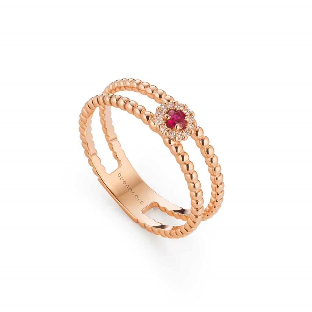 ANELLO IN ORO ROSA 18 KT CON DIAMANTI BIANCHI E RUBINO - DIAM 0.05 - RUB 0.05 - CEDRO