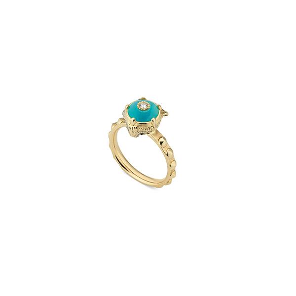 ANELLO CON MOTIVO TESTA DI FELINO IN ORO GIALLO 18KT, TURCHESE - GUCCI FINE JEWELRY