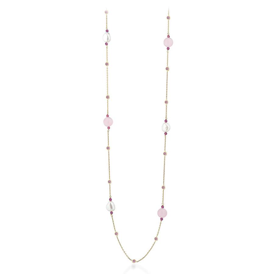 COLLANA IN ARGENTO GIALLO, GIADA ROSA, ZIRCONI COLORATI E PERLE D’ACQUA DOLCE,90 - LE LUNE GLAMOUR