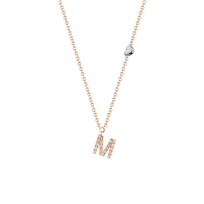 COLLANA ORO ROSA 18 KT LETTERA M E CUORICINO DIAM. 0.10  - BUONOCORE