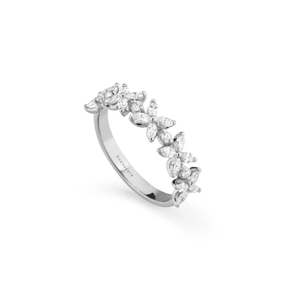 ANELLO LEAF - ORO BIANCO 18KT CON 5 FIORI MARQUISE - KT 0.08+0.60 - BUONOCORE