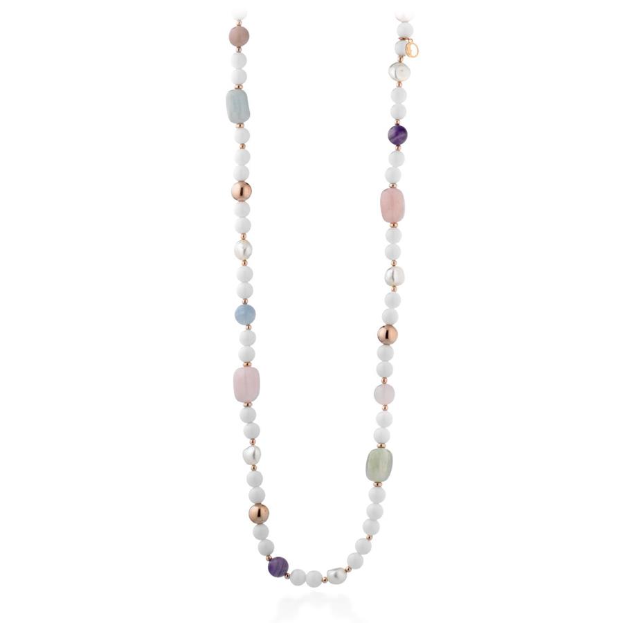 COLLANA IN AGATA BIANCA,BERILLO,PERLE D'ACQUA DOLCE E AG925 ROSA, 90CM - LE LUNE GLAMOUR