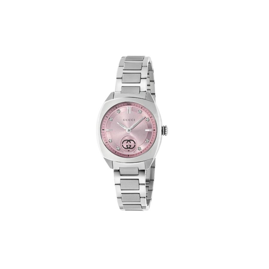 GUCCI INTERLOCKING - CASSA IN ACCIAIO INOX DA 29 MM, QUADRANTE ROSA CON 8 DIAMANTI, PICCOLO QUADRANTE DEI SECONDI CON INCROCIO GG, BRACCIALE IN ACCIAIO INOX - GUCCI TIMEPIECES