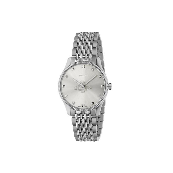 G-TIMELESS SLIM - CASSA IN ACCIAIO, QUADRANTE IN ARGENTO SPAZZOLATO CON LANCETTA DEI SECONDI A FORMA DI APE, BRACCIALE IN ACCIAIO A 9 MAGLIE - GUCCI TIMEPIECES