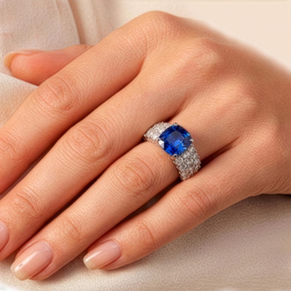 ANELLO CON ZAFFIRO NATURALE TAGLIO CUSHION CT. 3,59 + DIAMANTI KT 1.24 G VS2 - GR 6.90 - CEDRO