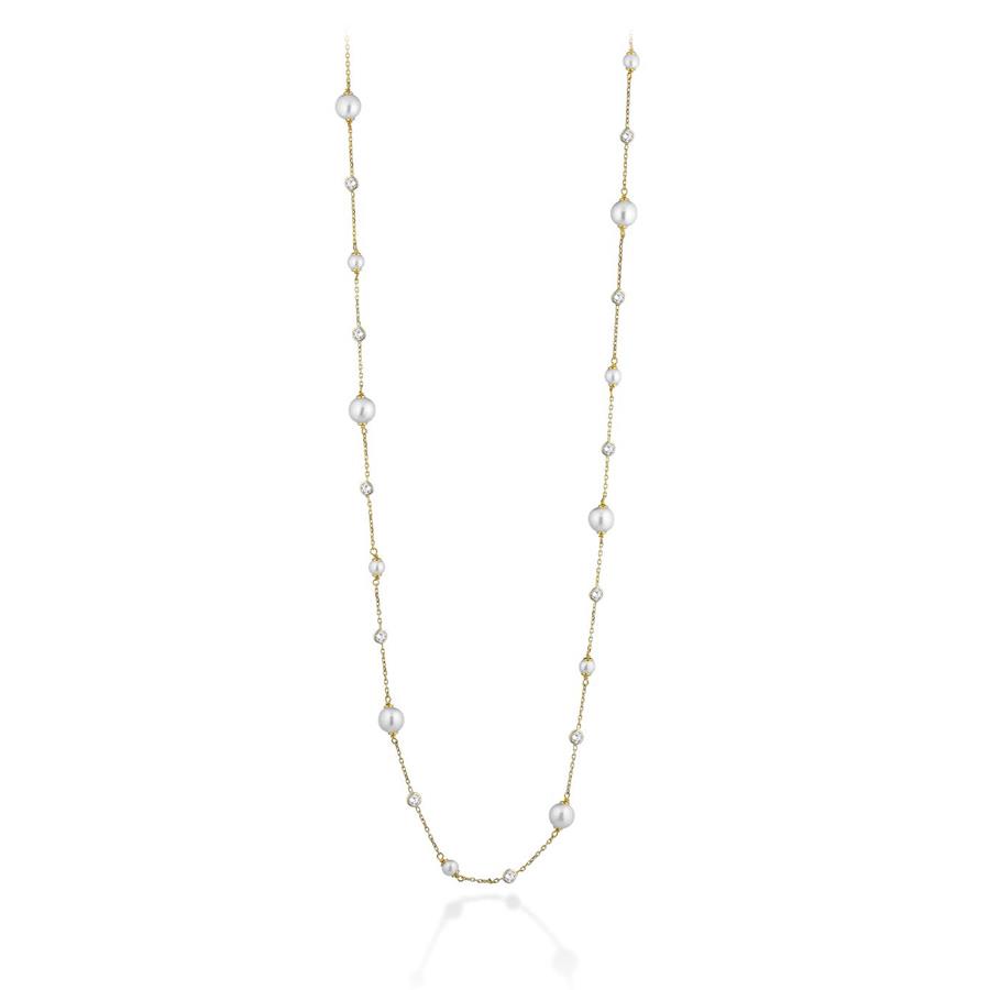 COLLANA IN AG925 GIALLO, PERLE D'ACQUA DOLCE E ZIRCONI - LE LUNE GLAMOUR