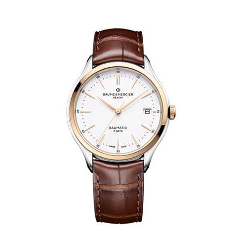 CLIFTON BAUMATIC 40 MM, CASSA IN ACCIAIO CON LUNETTA IN ORO ROSA, QUADRANTE BIANCO, CINTURINO IN ALLIGATORE MARRONE - BAUME & MERCIER